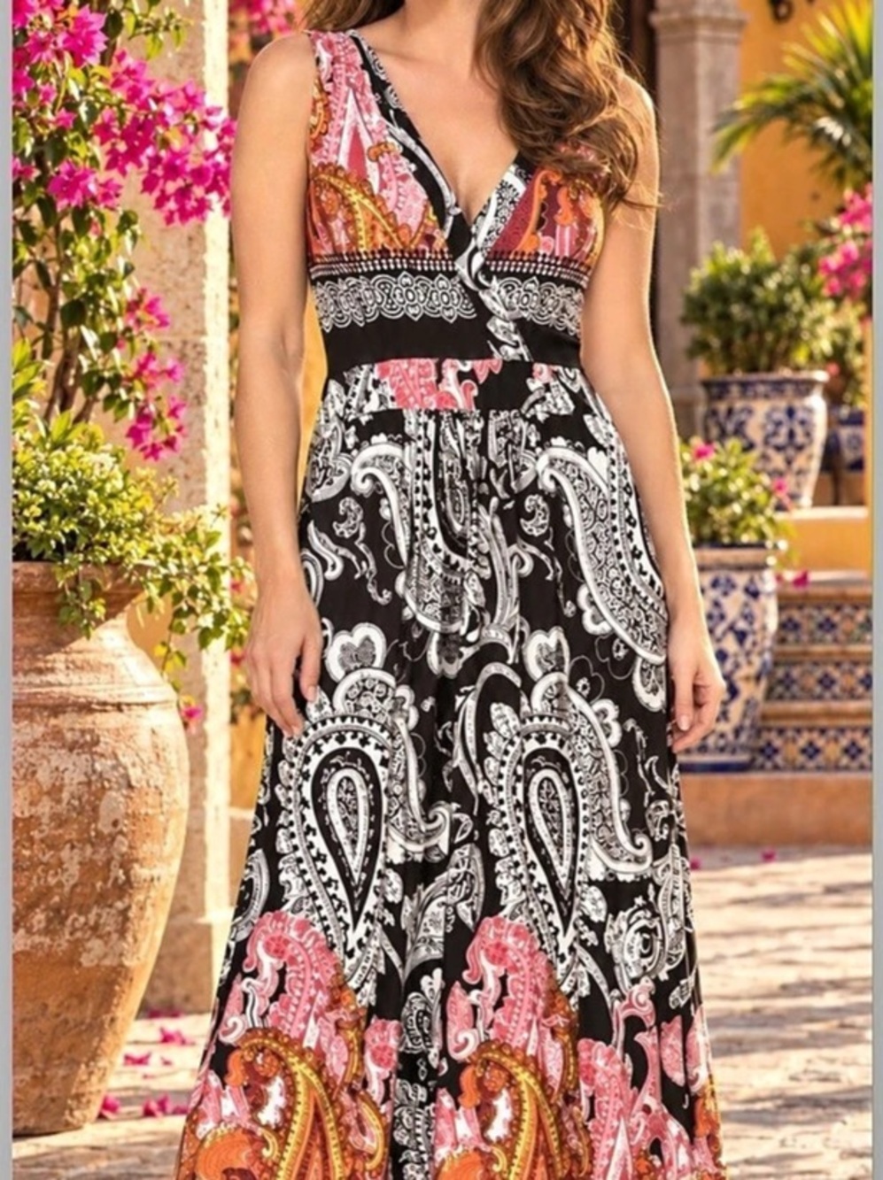 Susan Lawrence Paisley Maxi Empire V-Neck Resort Dress in Black & Pink Large NWO